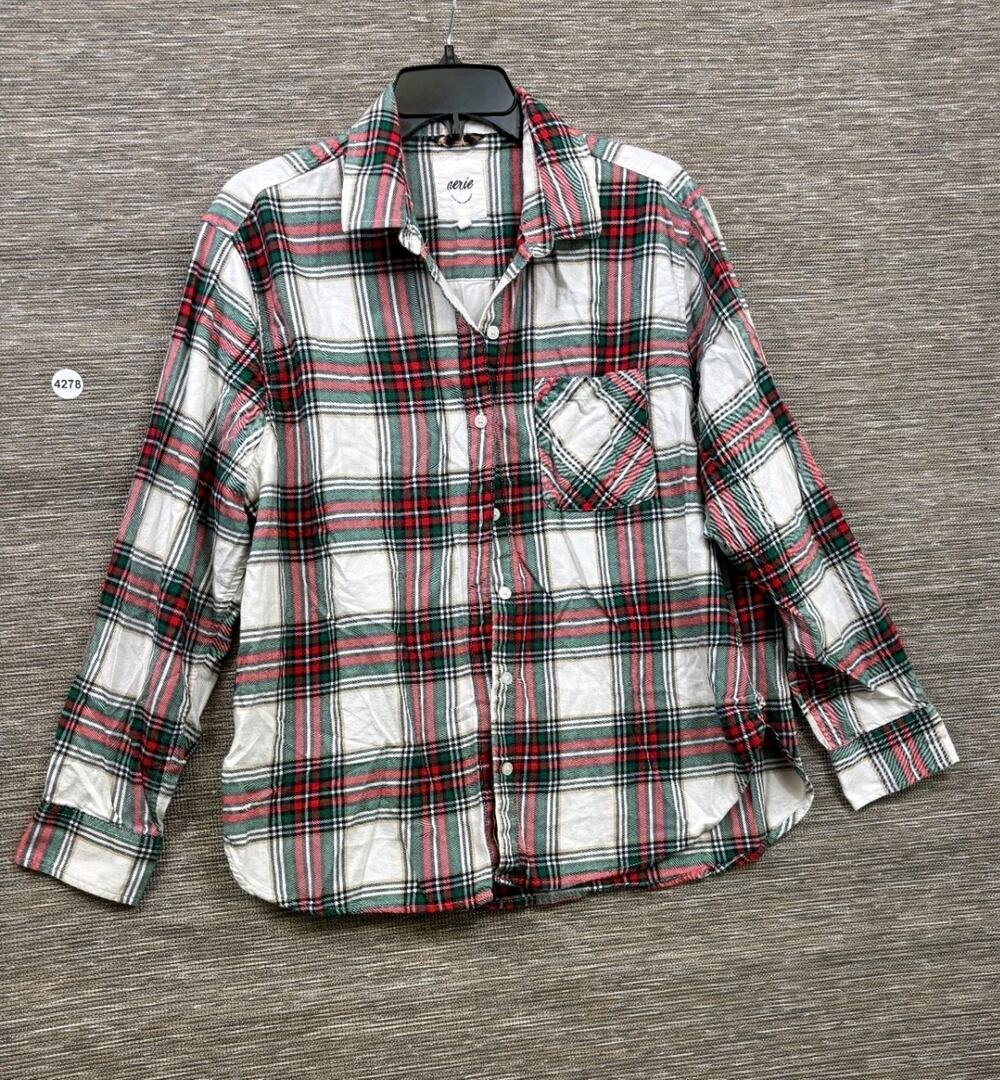 Aerie Plaid Flannel Button Down Shirt Womens Size S Red Green White Long Sleeve
